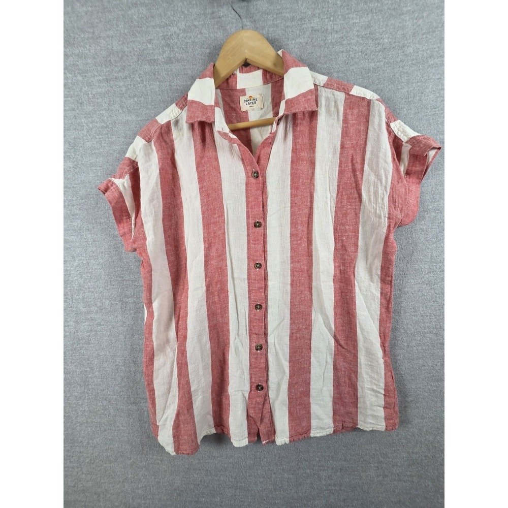 Marine Layer S Shirt Dana Red Striped Linen Blend Short Sleeve Relaxed Top Beach